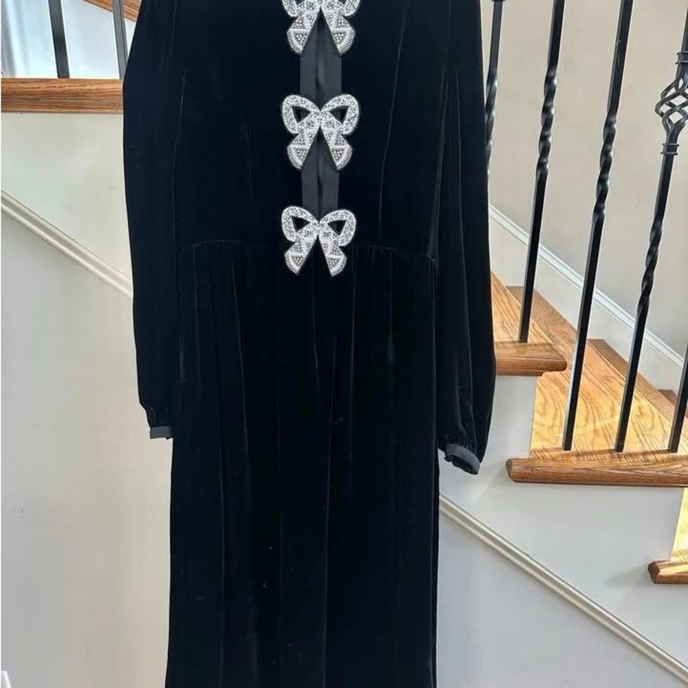 Camille Velvet Embellished Bows Long Dress in Black by Saloni